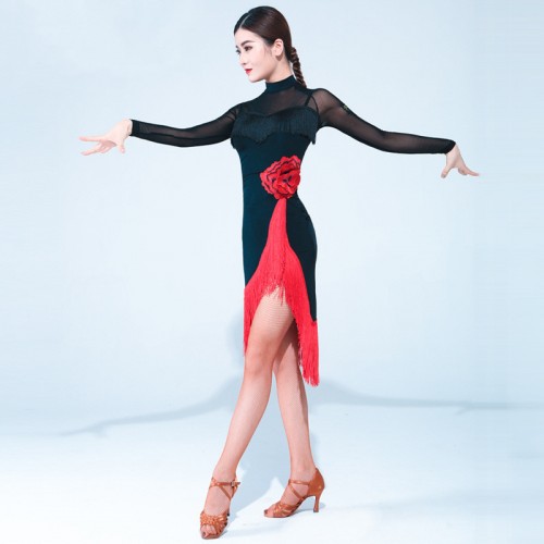 Women black with red tassels flowers latin dance dresses long sleeves modern dance stage performance rumba salsa chacha ballroom dance fringe dress 